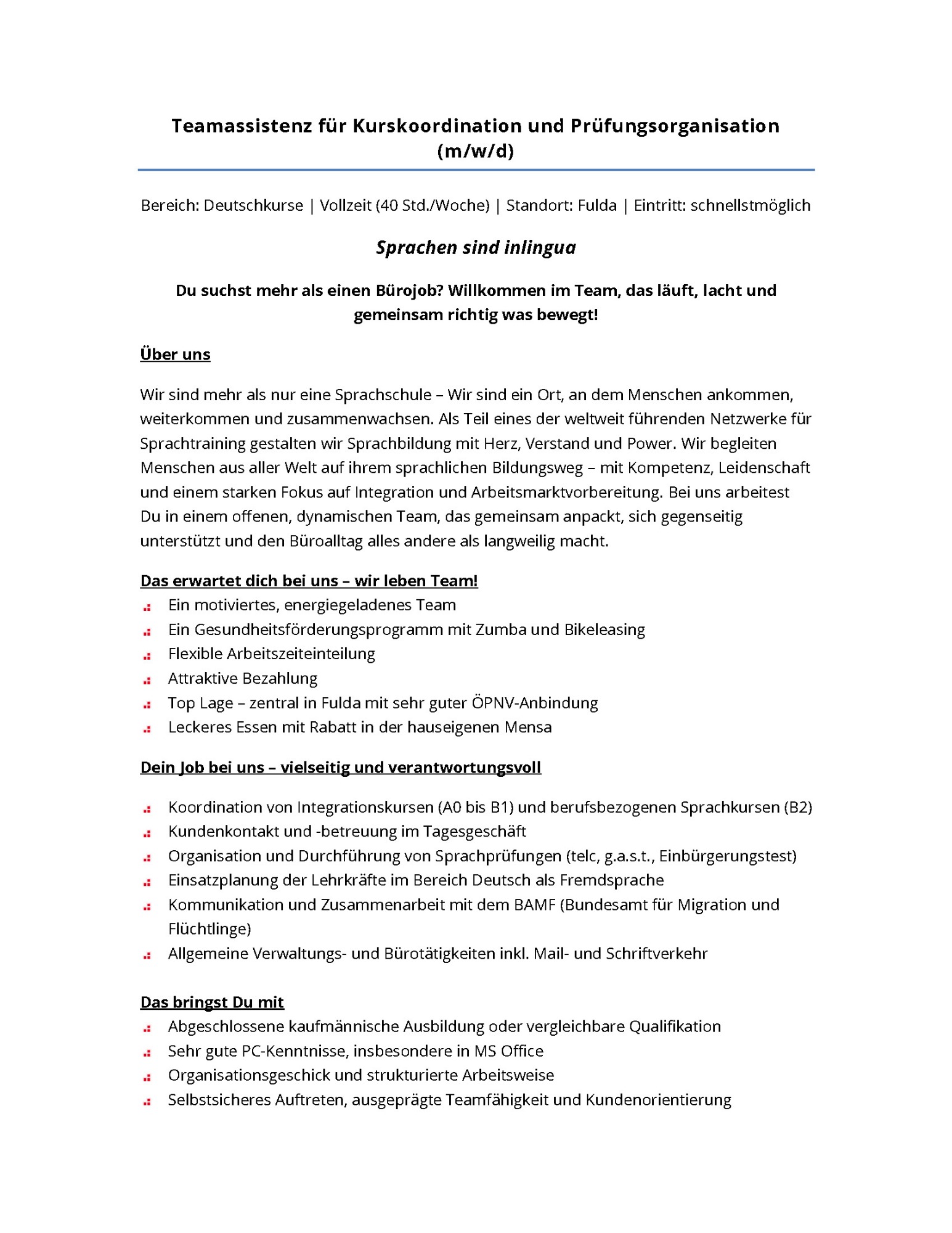Stellenanzeige inlingua Fulda
